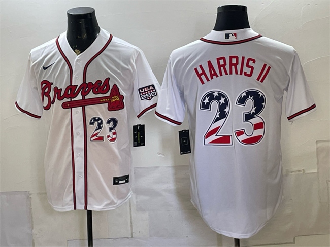 Men's Atlanta Braves #23 Michael Harris II White USA 250 Fourth of July Home Stadium Stitched Baseball Jersey Men's Atlanta Braves #23 Michael Harris II White USA 250 Fourth of July Home Stadium Stitched Baseball Jersey